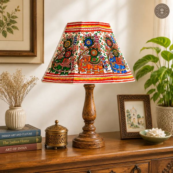 Handcrafted Andhra Pradesh Goat Leather Table Lamp Shade with Traditional Elephant Motif