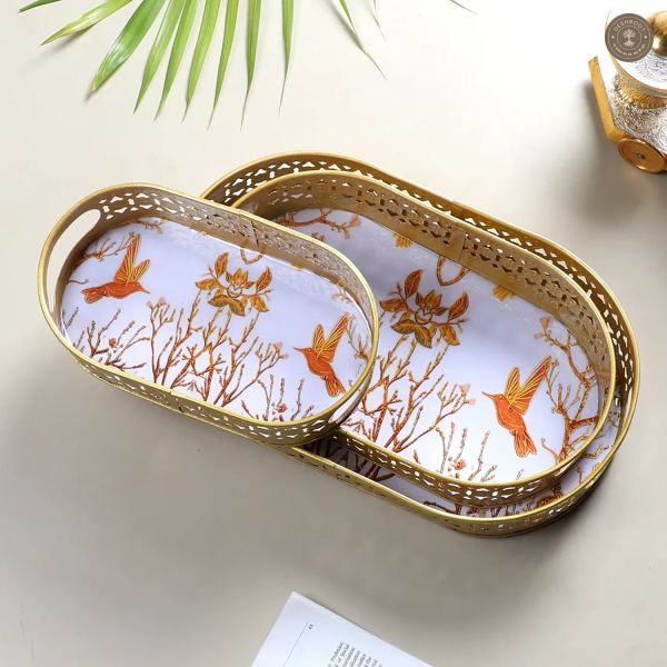 Oval Gold Tree & Bird Meena Tray Set of 3