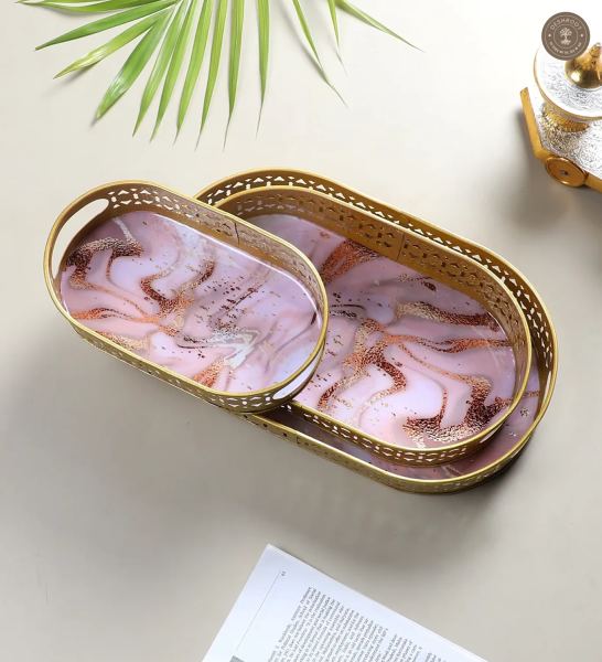 Oval Pink & Gold Wavy Design Meena Tray Set of 3