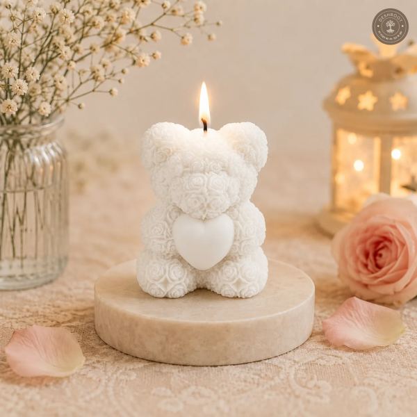Rose Teddy Bear Heart Candle