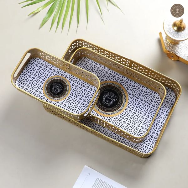 Rectangular Black & Gold Blocks Meena Tray Set of 3