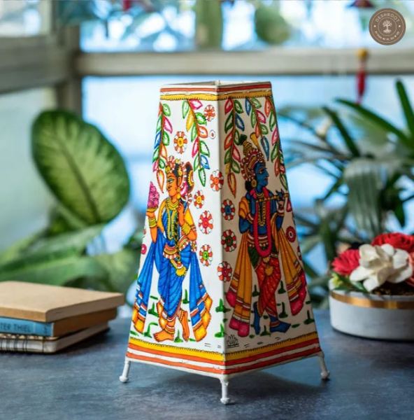 Radha Krishna Motif Handcrafted Goat Leather Table Lamp