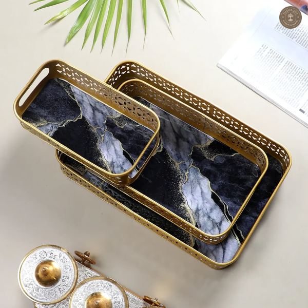 Rectangular Black & Gold Wavy Meena Tray Set of 3