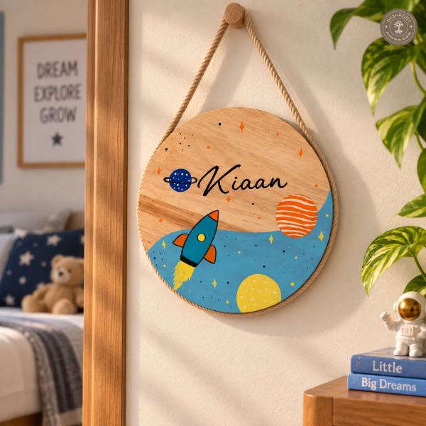 Hand-Painted Cosmic Space Wonder Pine Wood Nameboard
