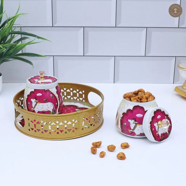 Pink & White Cow Round Basket With Jar Set of 3