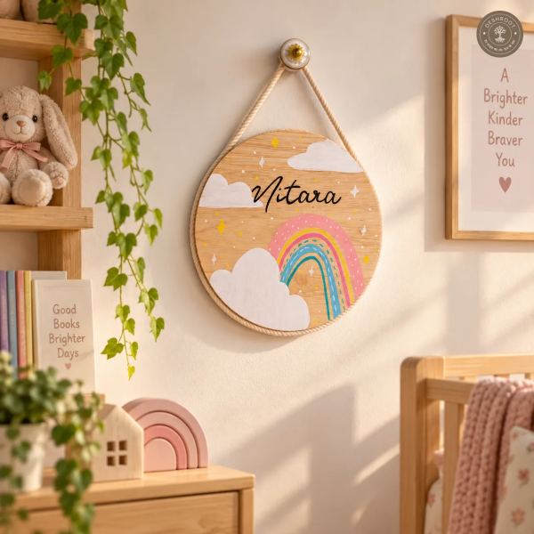 Hand-Painted Rainbow Wishes Pine Wood Nameboard