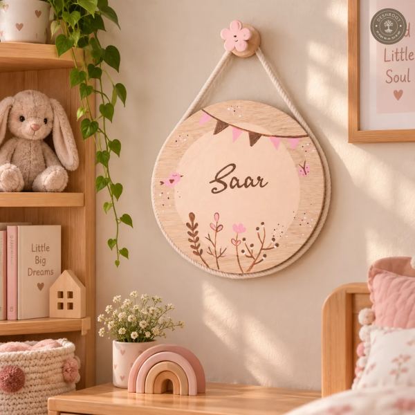 Hand-Painted Boho Blossom Pine Wood Nameboard