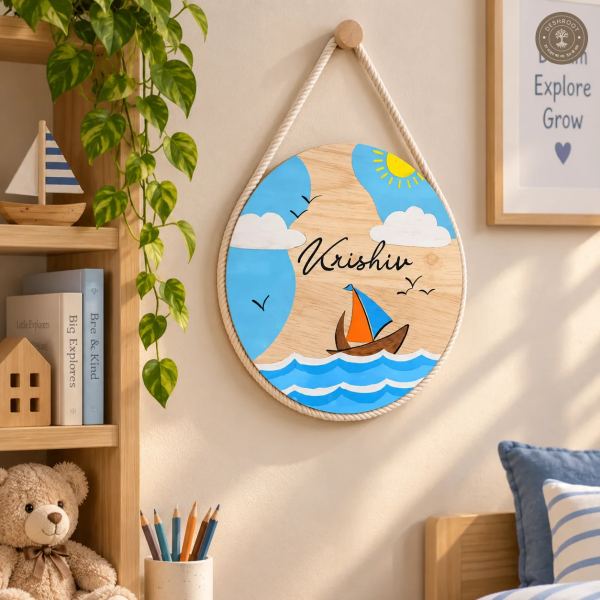 Hand-Painted Coastal Sail Dreams Pine Wood Nameboard