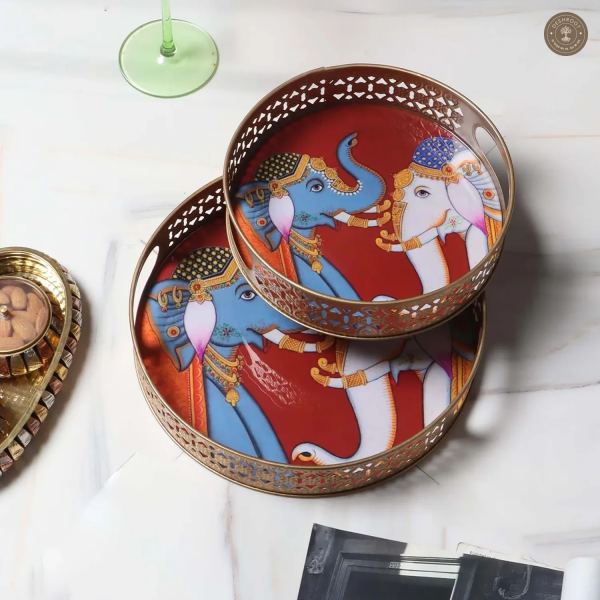 Elephant Blue & White Round Pichwai Tray Set of 2