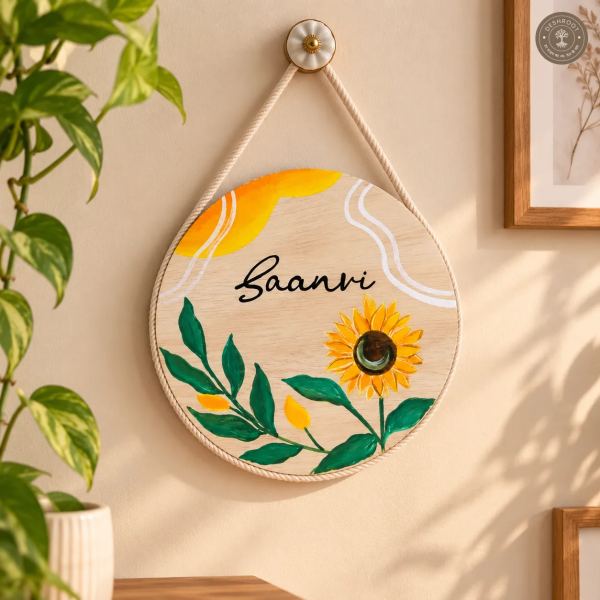 Hand-Painted Sunflower Bloom Pine Wood Nameboard