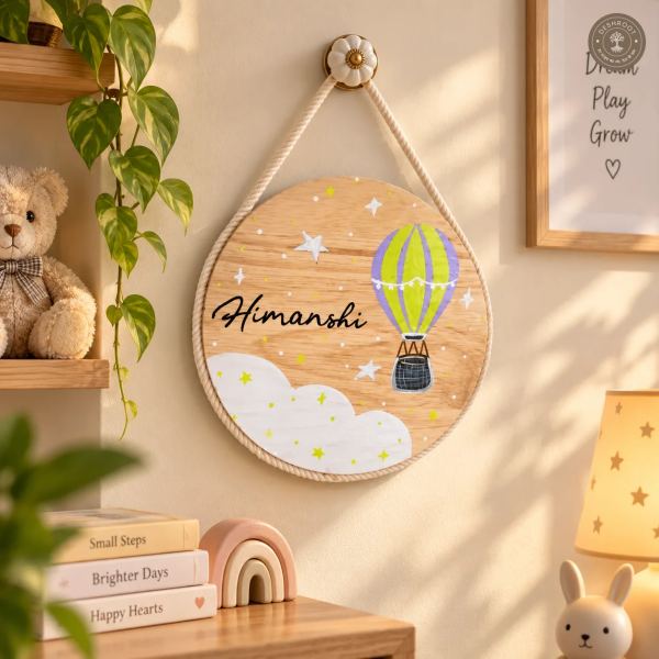 Hand-Painted Hot Air Balloon Dreams Pine Wood Nameboard