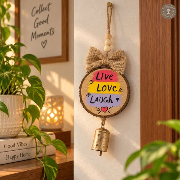 Wood slice wall hanging- Live love Laugh with bell