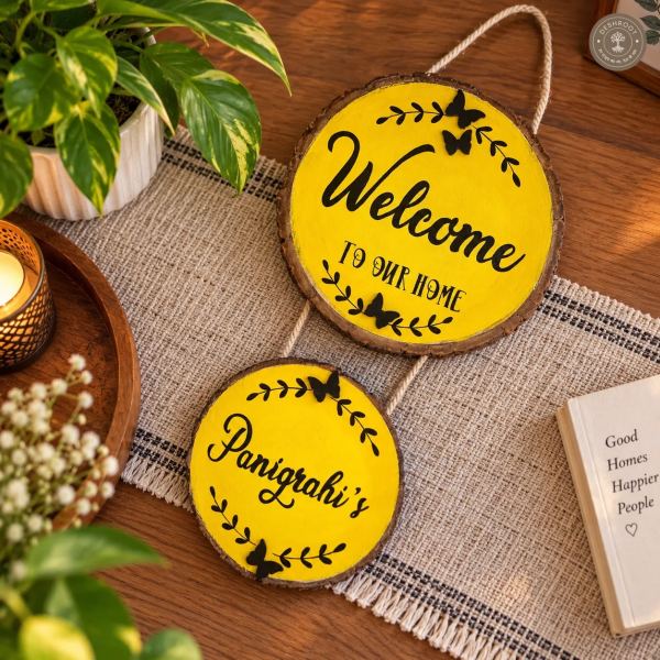 Wood slice home nameplate- Welcome to our home