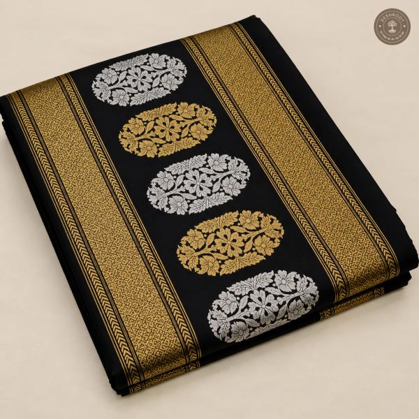 Katan Silk Banarasi Dupatta – Black with Gold & Silver Floral Zari Motifs and Woven Borders