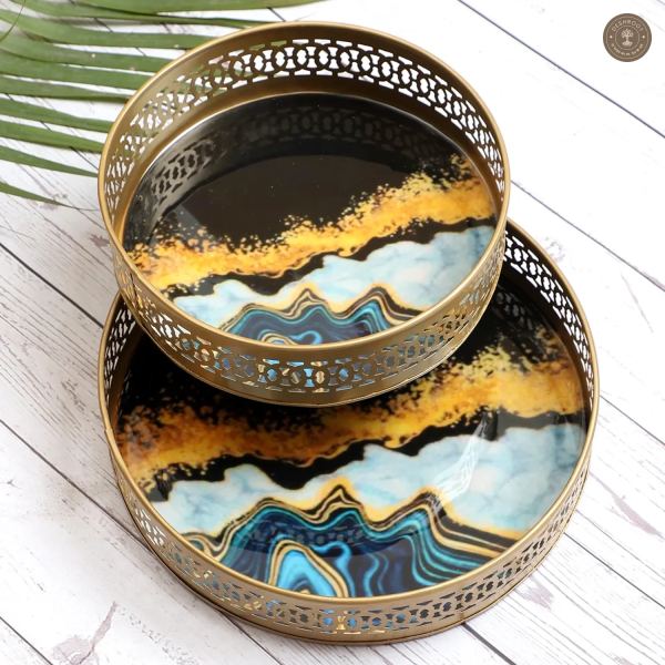 Round Blue & Black Metal Meeena Tray Set of 2