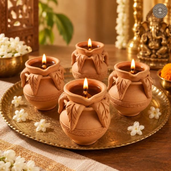 Terracotta Kalash Diya Set of 4 – Handcrafted Traditional Clay Décor for Festive Celebrations