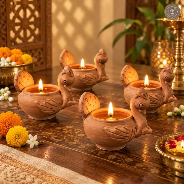 Terracotta Peacock Diya Set of 4 – Handcrafted Traditional Clay Décor