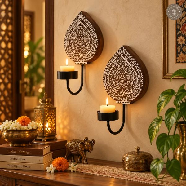 Block Wall Diya Pan Leaf Pair – Handcrafted Wooden Wall Décor