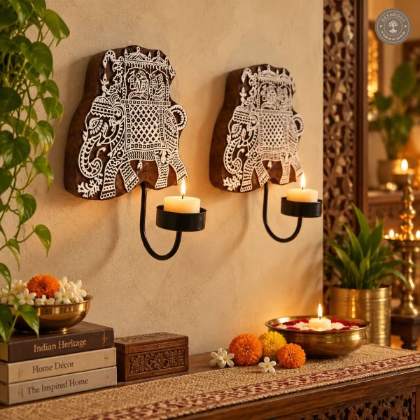 Wooden Elephant Wall Diya – Handcrafted Indian Wood Art with Tealight Holder