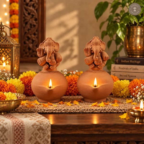 Terracotta Ganesh Magic Diya Set of 2 – Handcrafted Clay Diya & Spiritual Décor
