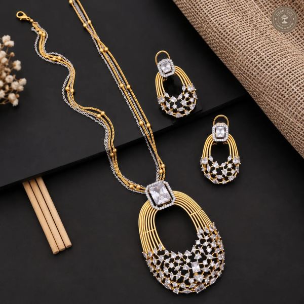 Two-Tone AD Diamond Pendant Necklace & Earrings Set | Statement Jewellery