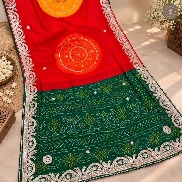 Moss Georgette Bandhani Gota Patti Saree with Unstitched Blouse