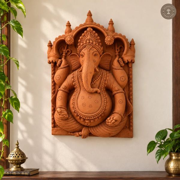 Handcrafted Terracotta Lord Ganesha Wall Panel – Rajasthani Traditional Clay Wall Art with Intricate Sculpted Detailing for Pooja Room, Home & Spiritual Décor