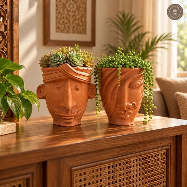 Terracotta Face Planters Pair – Handcrafted Clay Face Planters for Home, Balcony & Artistic Décor
