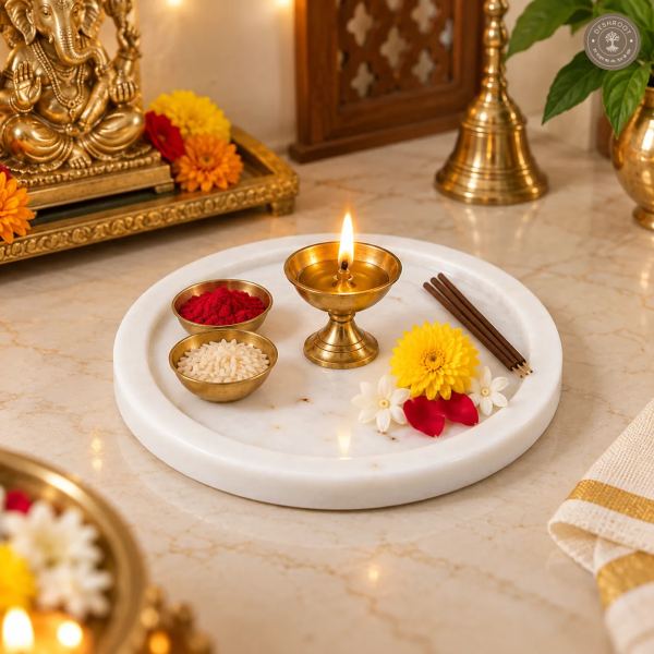 Handcrafted White Marble Pooja Thali Plate