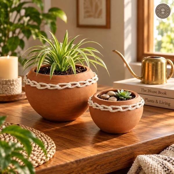 Terracotta Chain Planters Pair – Handcrafted Clay Planters with Decorative Chain Detailing