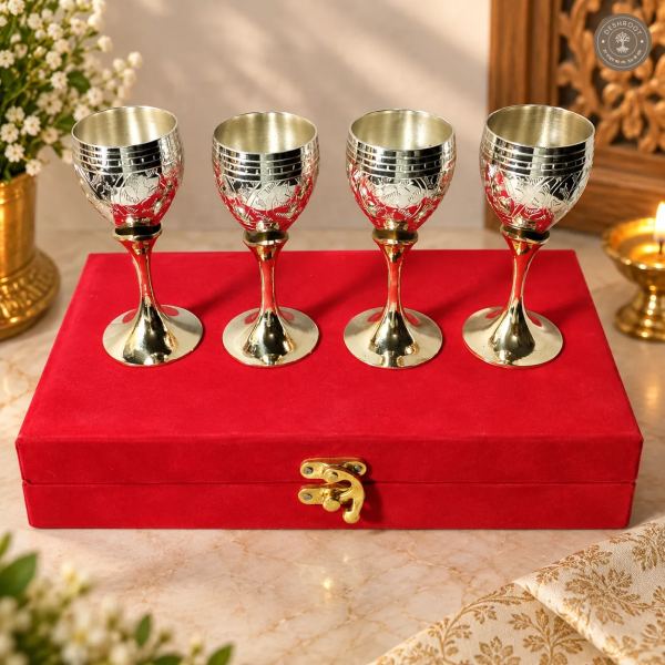 Royal Brass Cup Set – 4-Piece Traditional Gift Box