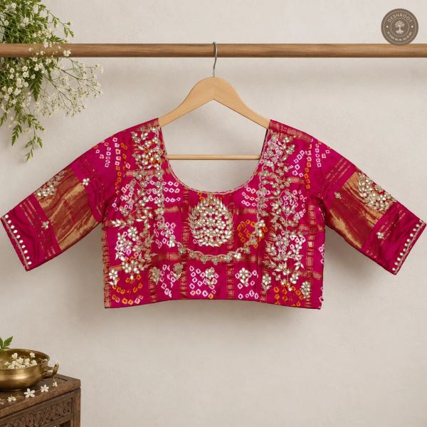 Handcrafted Gota Patti Model Silk Blouse with Bandhani & Mirror Work