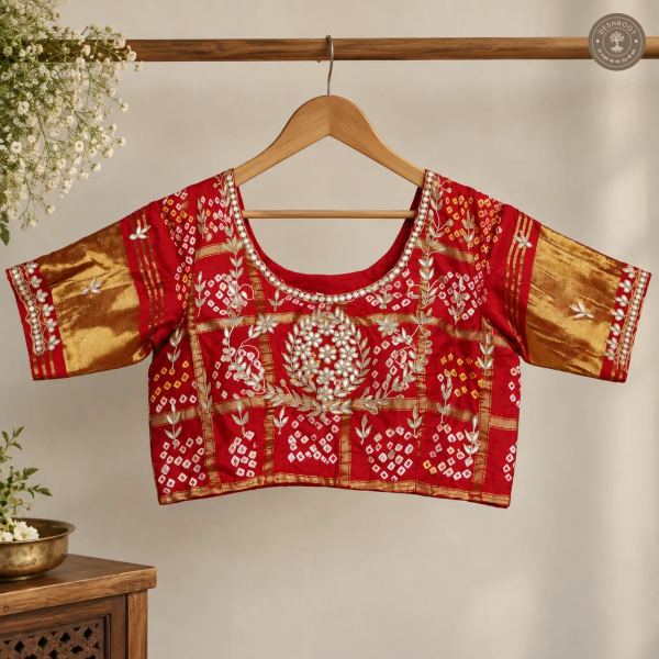 Red Model Silk Gota Patti Handwork Blouse with Cotton Lining