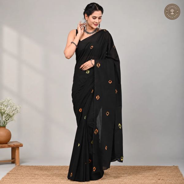 Black Hand Block Printed Mal Cotton Saree with 1 Meter Blouse