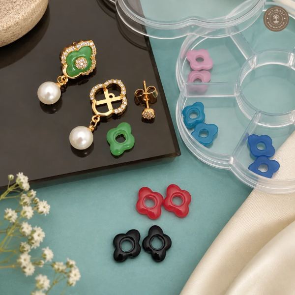 Gold-Tone Designer Drop Earrings with Interchangeable Colour Buttis