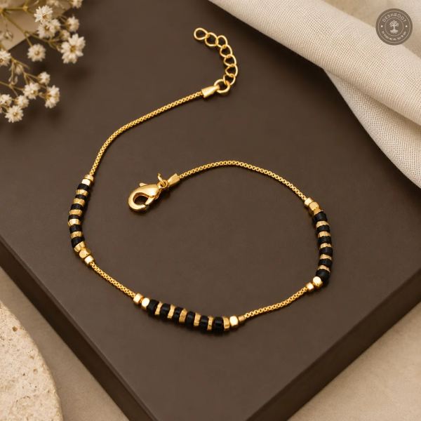 Black Beaded Brass Micro Polish Designer Bracelet with Adjustable Chain