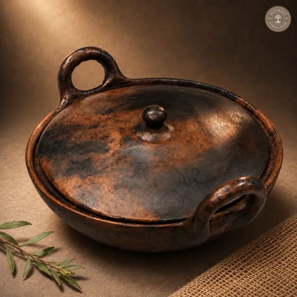 Handcrafted Terracotta Handi with Lid – 12 Inch Rustic Earthenware Cooking & Serving Pot with Loop Handles for Traditional Indian Kitchen & Dining