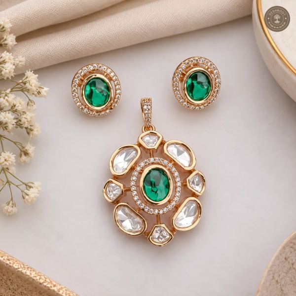 Rose Gold Kundan Pendant & Stud Earrings Set with Green Stone