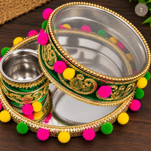 Designer Karwa Chauth Thali Set – Green & Gold Mirror-Finish Pooja Thali with Embellished Chalni, Karwa Container & Bowl for Karwa Chauth Rituals & Gifting