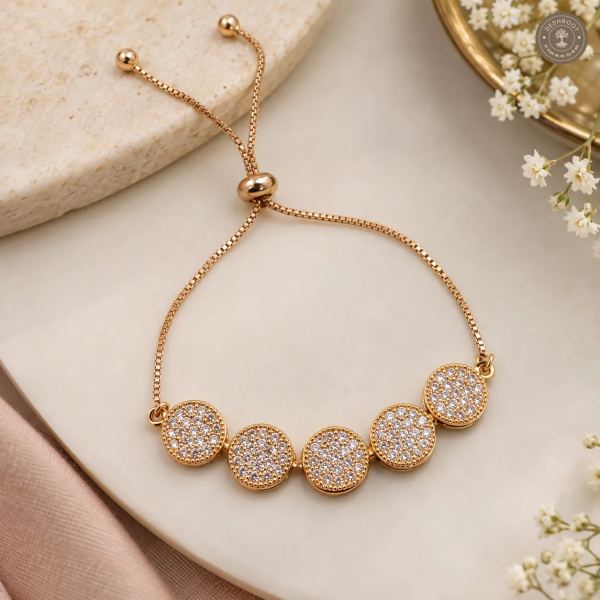 Rose Gold Polish Adjustable Designer Bracelet with Crystal Round Charms for Women