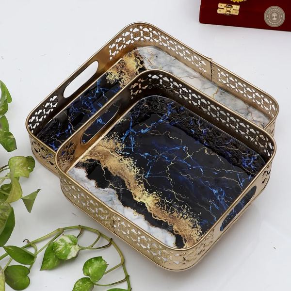 Square Blue & White Tray Set of 2