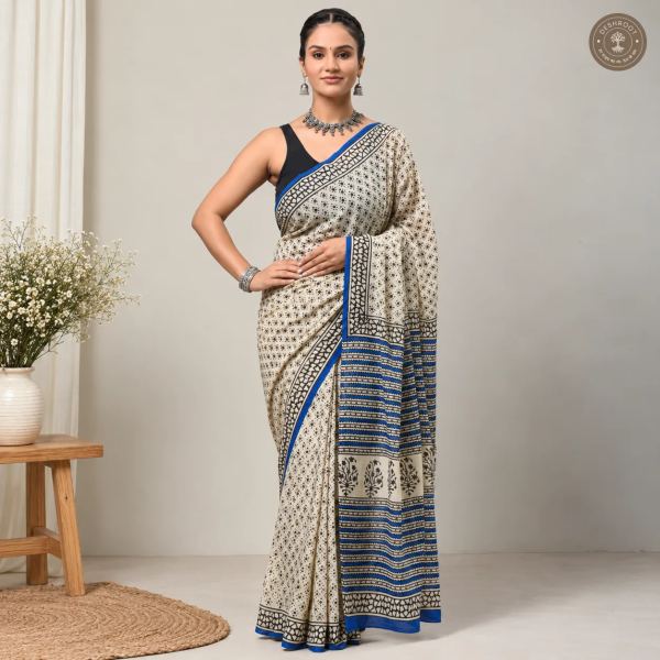 Neel Rekha Hand Block Printed Mal Cotton Saree with Blouse Fabric