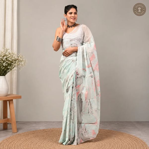 Pastel Marble Hand Block Printed Mal Cotton Saree with Blouse