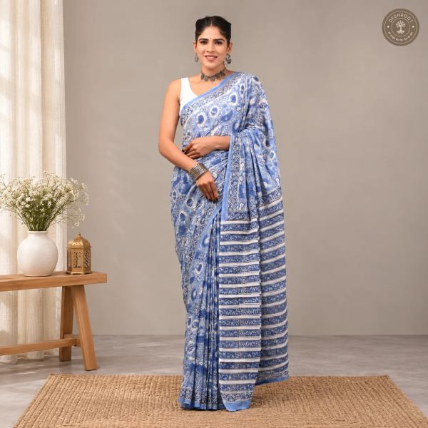 Neelika Hand Block Printed Mal Cotton Saree with Blouse Fabric
