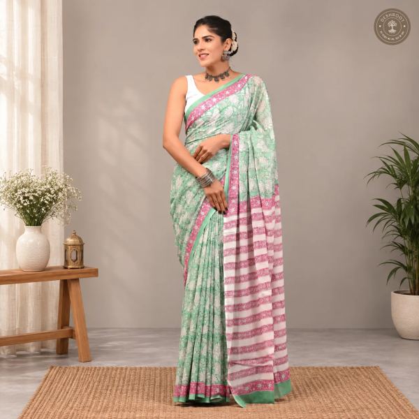 Gulbahar Hand Block Printed Mal Cotton Saree with Blouse Fabric