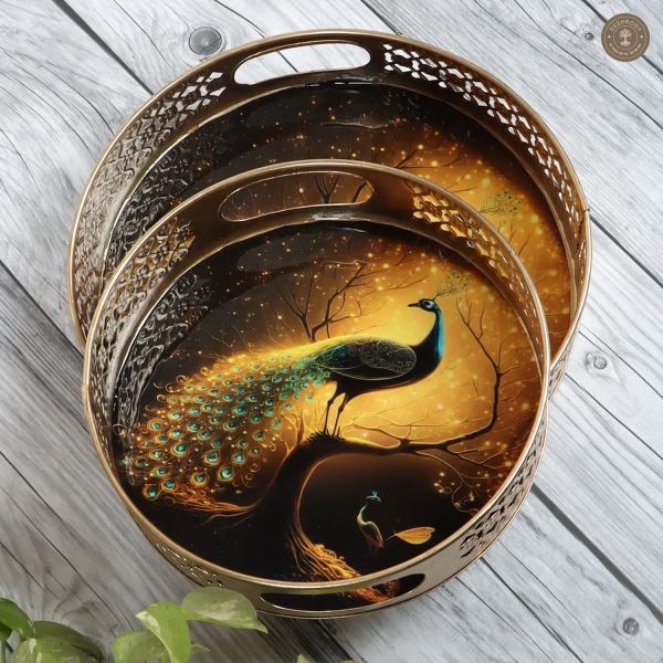 Black Peacock Serving Tray Set of 2