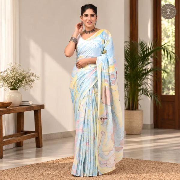 Aarika Hand Block Printed Mal Cotton Saree with Blouse Fabric