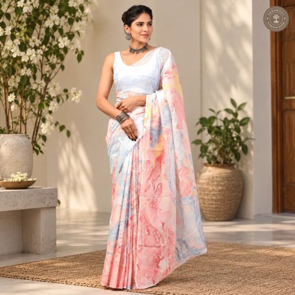 Gulnaar Hand Block Printed Mal Cotton Saree with Blouse Fabric