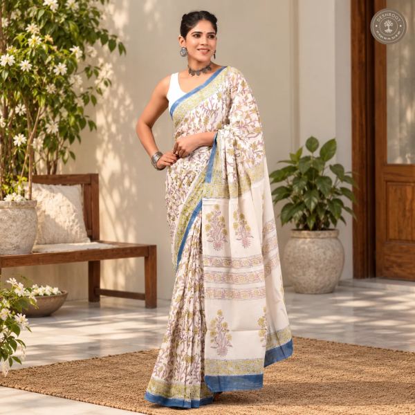 Vanya Hand Block Printed Mal Cotton Saree with Blouse Fabric
