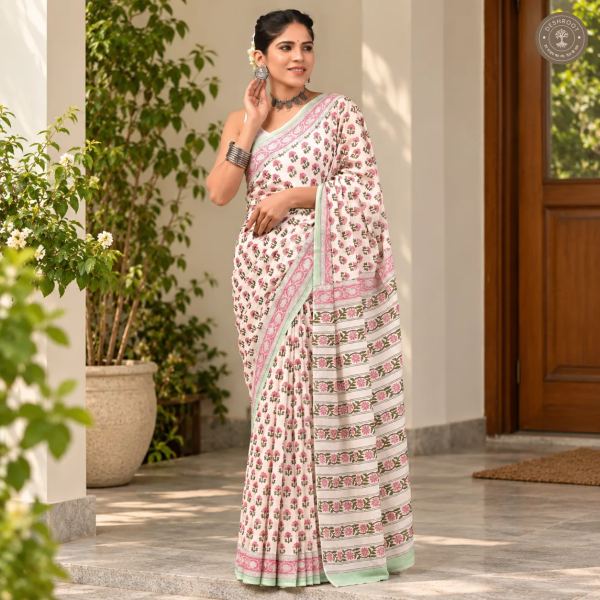 Gulbahar Floral Hand Block Printed Mal Cotton Saree with Blouse Fabric